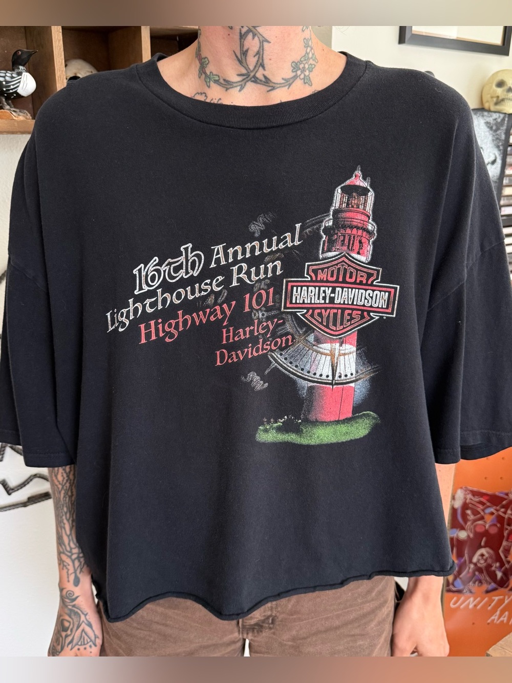 Harley Davidson Cropped Black S/S Lighthouse Graphic Tee ~ Size XXL